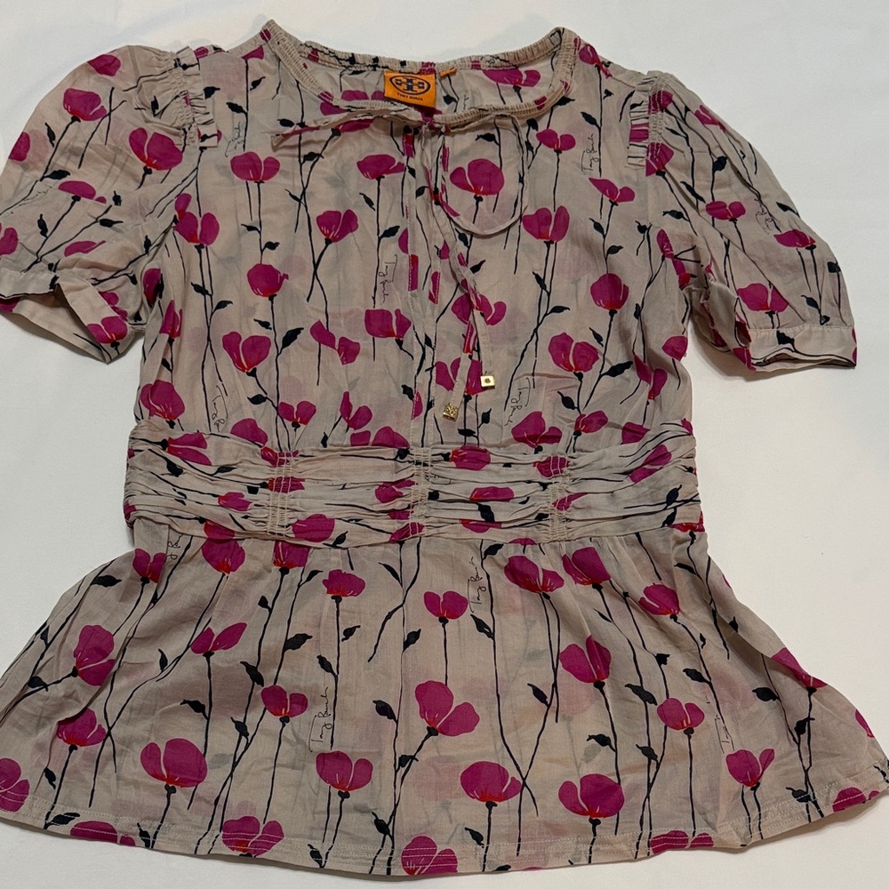 Tory Burch Pink Poppy and Cream Blouse Cotton size 6 never worn